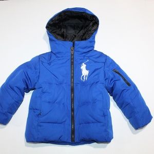 POLO RALPH LAUREN Boys Puffer Down Jacket Size 2T Blue Hooded Big Pony